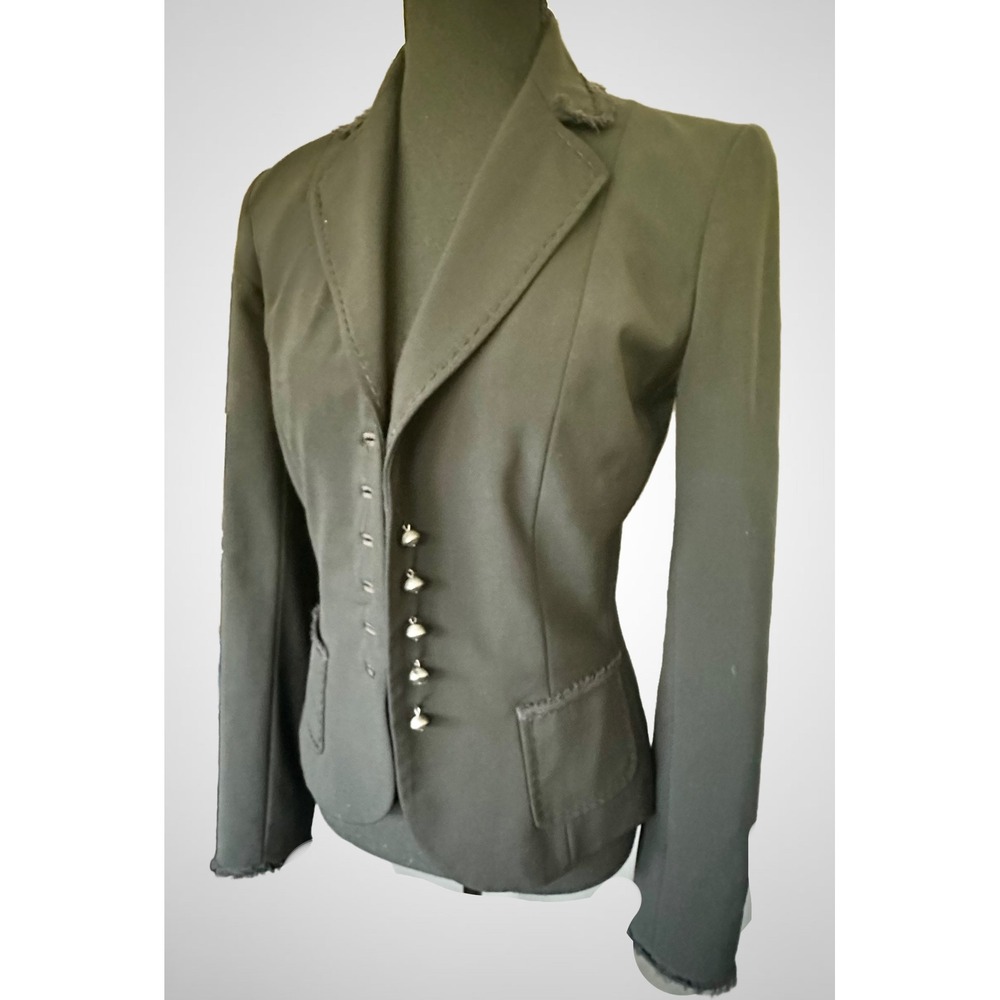 Elie Tahari Black Tailored Blazer Raw Edge Trim Silver Dome Button Jacket Womens